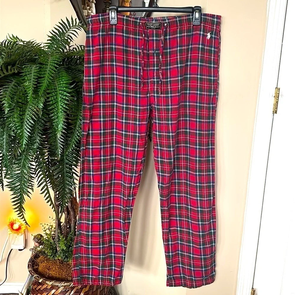 Polo Ralph Lauren Red Plaid 100% Cotton Pajama Sleep Pants Stretch Waist Pony